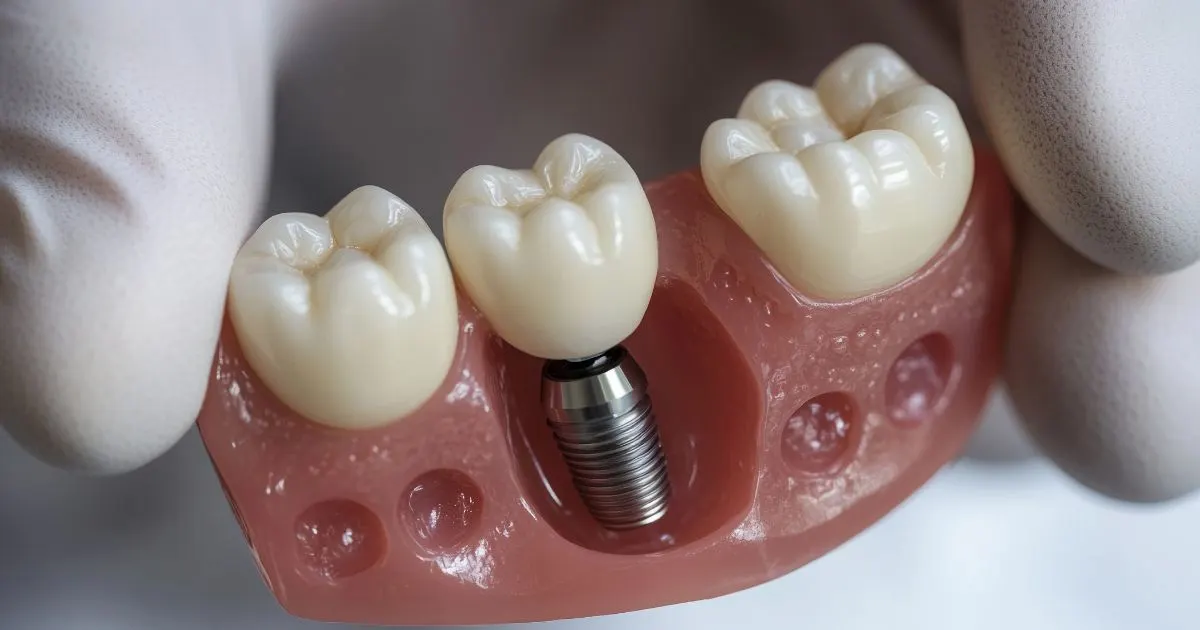 Hand in surgical gloves holding a model of a dental implant and crowns used in reconstructive dentistry.