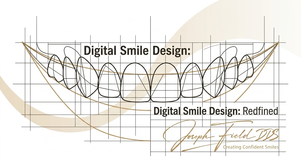 A grid with outlines of teeth, text "Digital Smile Design: Redefined", and Dr. Joseph Field's signature.