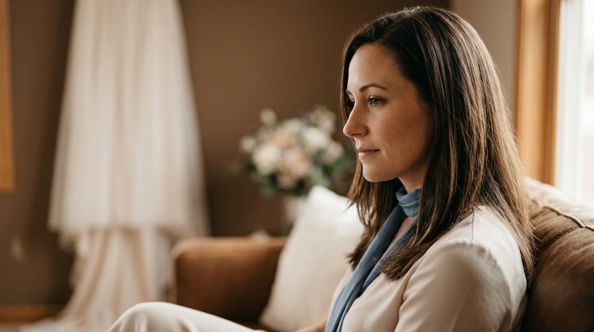 Woman with long brown hair, wearing a beige top and blue scarf, sitting on a brown couch.