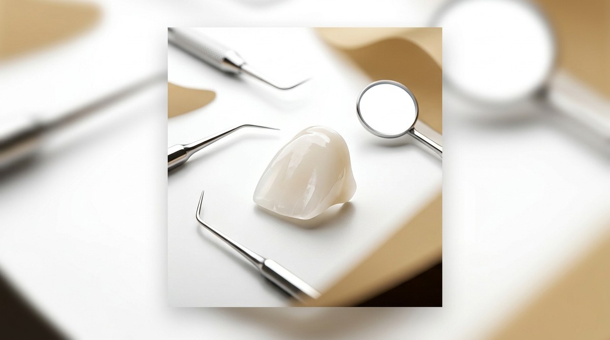 A single, natural-looking dental veneer surrounded by various dental tools on a clean white surface.