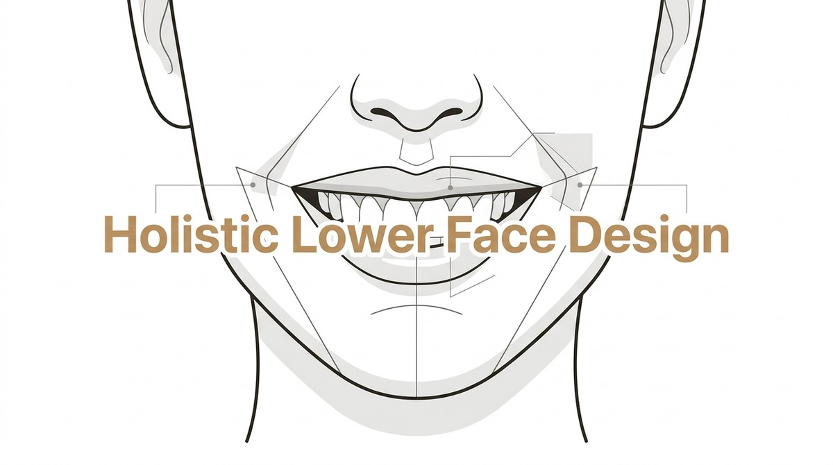 Line drawing of a face from the nose down, showing teeth, lips, and chin, with "Holistic Lower-Face Design" text.