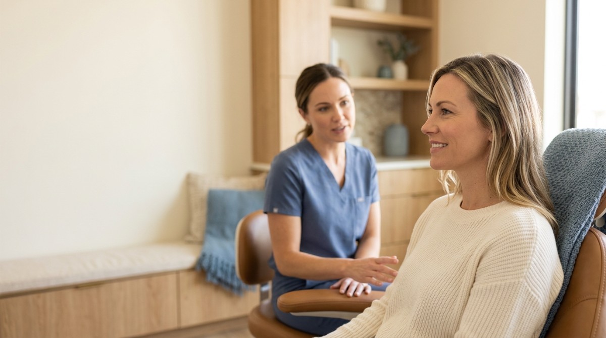 A woman in scrubs talks to a smiling patient in a dental chair, a cosmetic dentist Lehi Utah.
