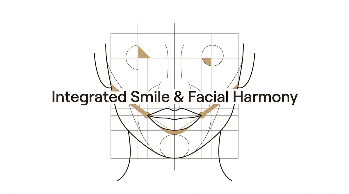 A facial grid diagram with lips, nose, and eyes outlined, overlaid with "Integrated Smile & Facial Harmony.
