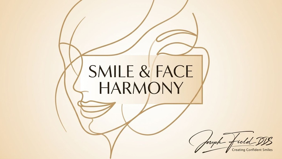 A line art drawing of a woman's face in profile with "SMILE & FACE HARMONY" in a central box.