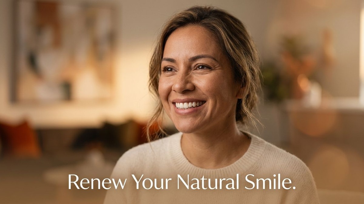 Smiling woman with natural-looking teeth in a warm, inviting living room. Text: Renew Your Natural Smile.