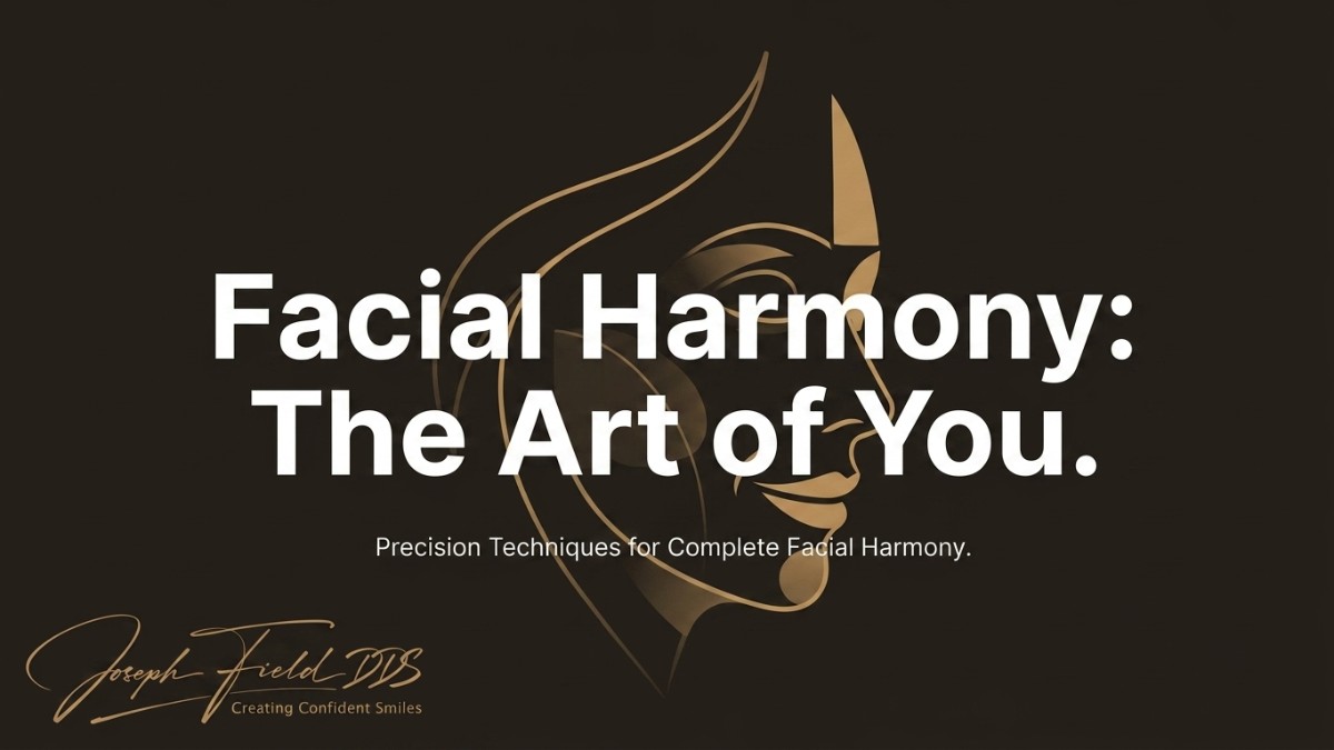 Dark background with a gold abstract face outline. Text: "Facial Harmony: The Art of You." and "Joseph Field DDS".