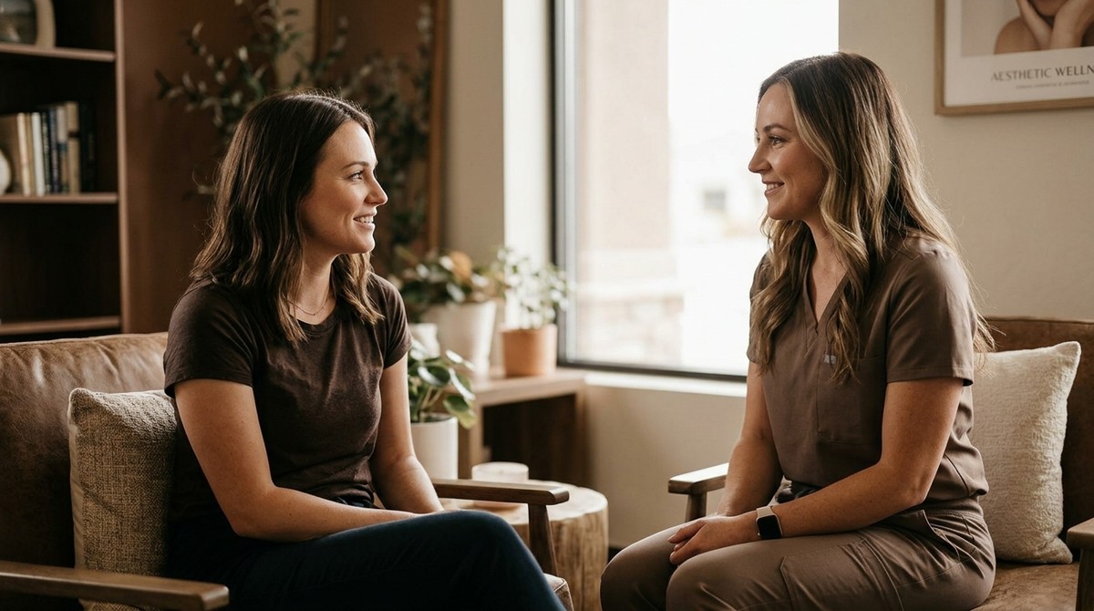 Two women, one in scrubs, sit facing each other, smiling and talking in a modern office or waiting room.