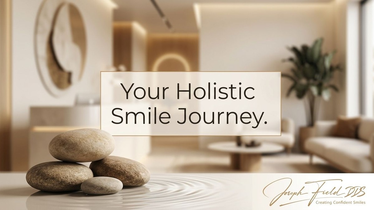 Stacked zen stones with water ripples in a modern, light-toned room. Text: "Your Holistic Smile Journey.