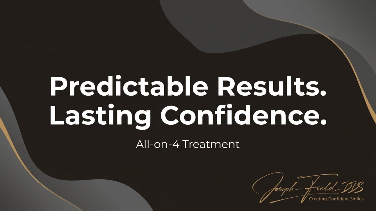 Dark background with "Predictable Results. Lasting Confidence. All-on-4 Treatment" in white text.