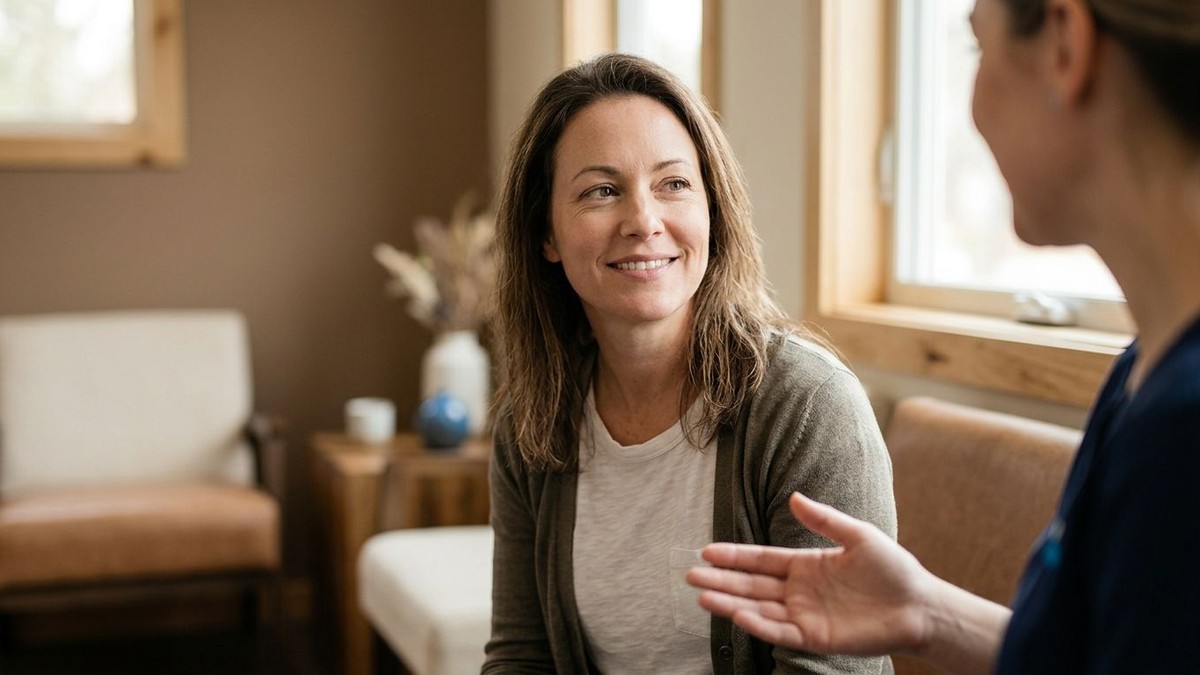 A smiling woman with long brown hair looks at a medical professional in a bright office.