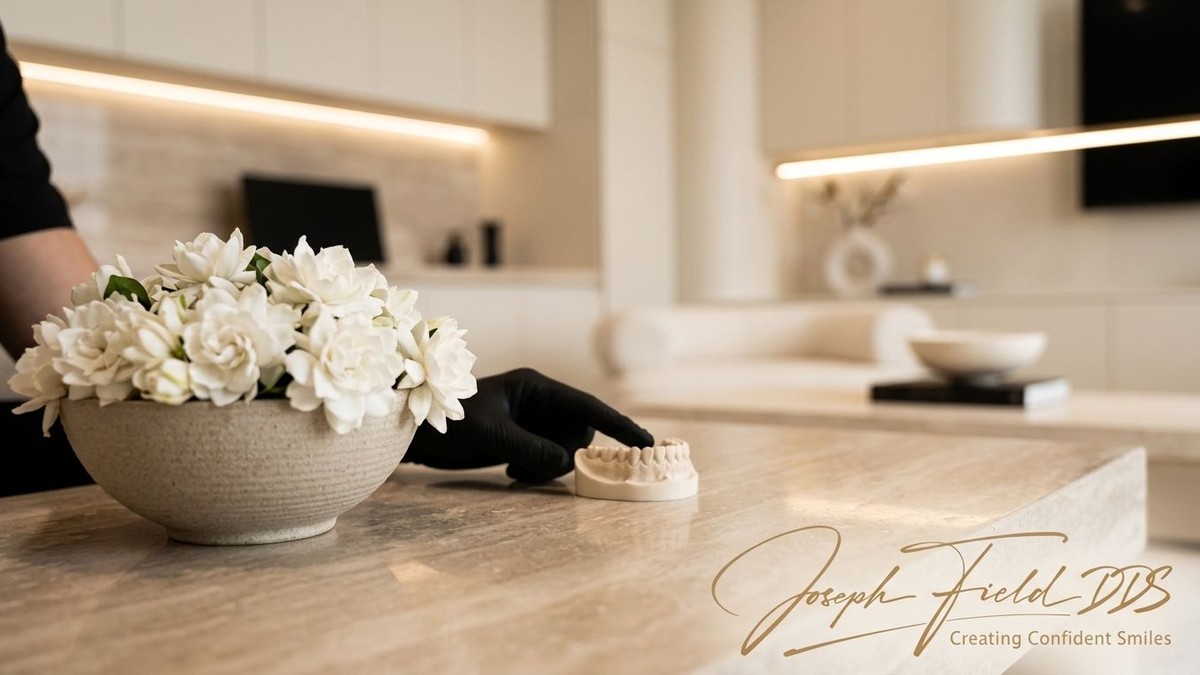 A gloved hand points to a dental mold on a marble counter next to a bowl of white flowers.