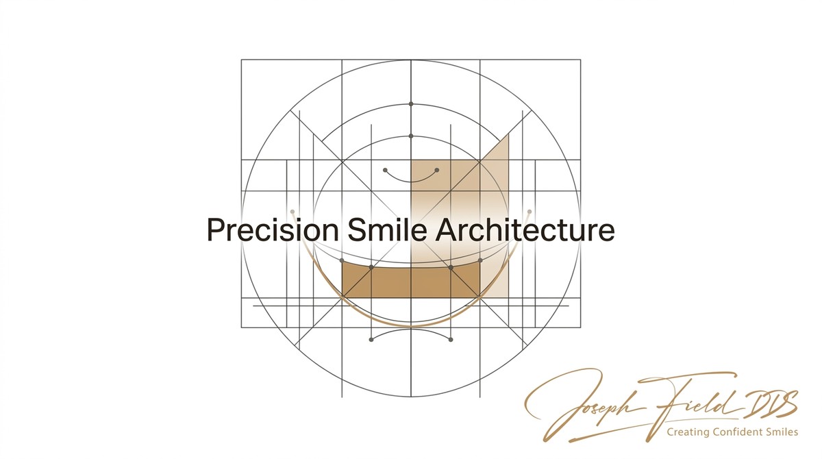 Geometric grid with circles and squares, forming a face with a smile, text "Precision Smile Architecture.