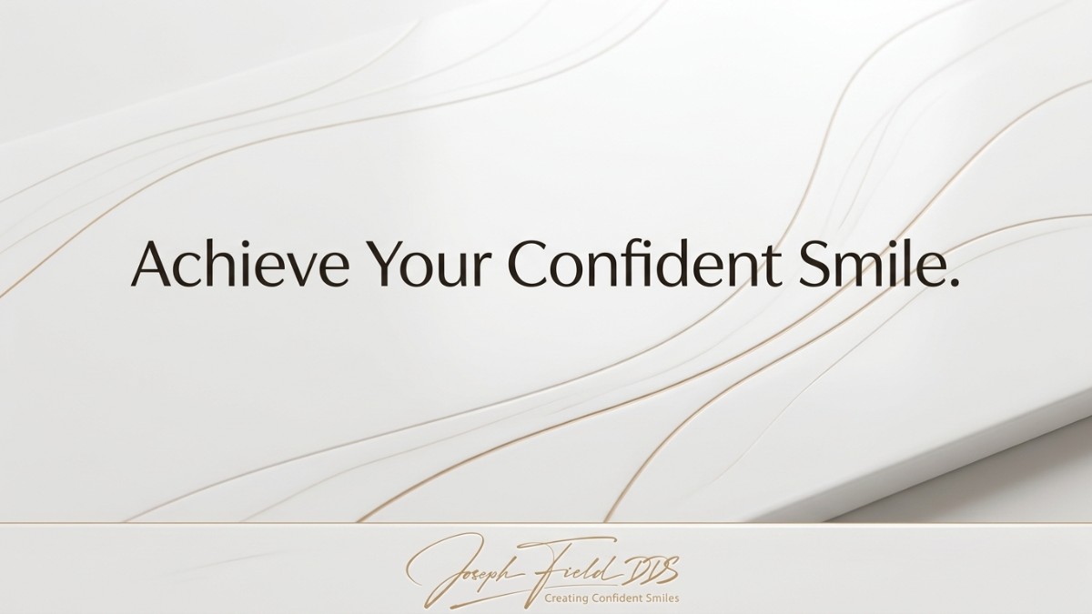 White background with faint wavy lines. Text reads "Achieve Your Confident Smile." and "Joseph Field DDS".
