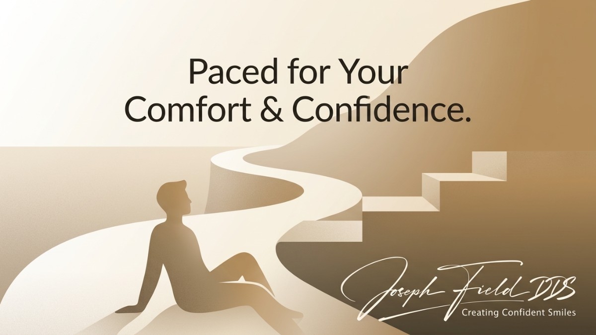 A person sits on a winding path leading to stairs, representing a smile makeover timeline. Text: "Paced for Your Comfort & Co