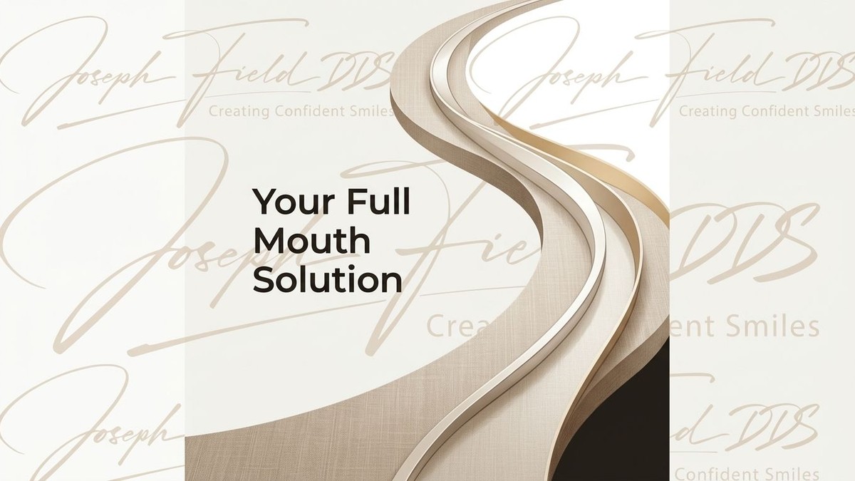 Abstract design with wavy beige and brown ribbons. Text: "Your Full Mouth Solution.